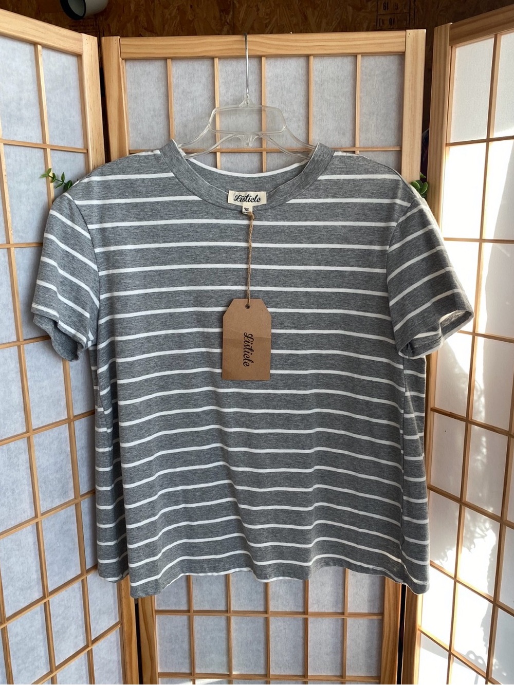 Listicle Gray and White Striped Short Sleeve Tee